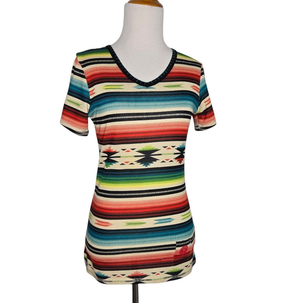 Double D Ranch Womens Serape Blanket Print Tee Southwestern Colorful Stripes XS